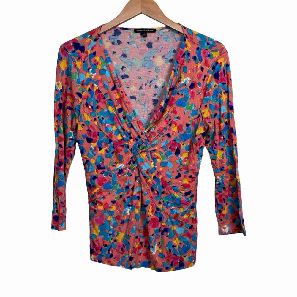 Cable & Gauge Women’s Abstract Twist Front V-Neck Knit Blouse 3/4 Sleeve L